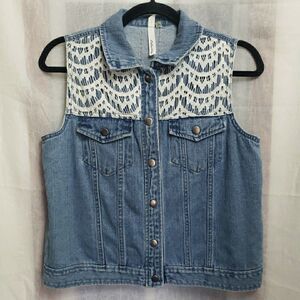 Ny Collection Woman M Denim Vest White Crochet Lace Embroidered Y2K 90s Feminine
